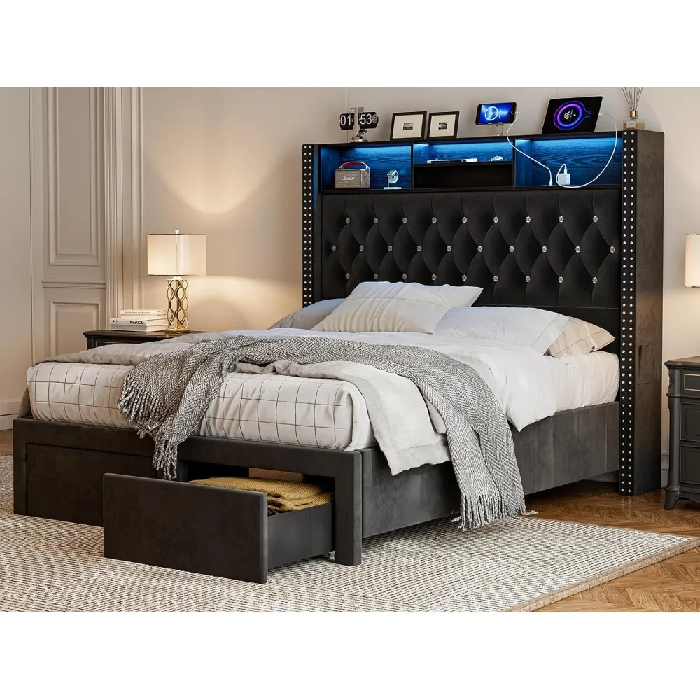 

Queen Size Bed Frame with Headboard and Storage, 60“Tall Wingback Bed Frame with 2 Drawers, LED Light, Charging Stat