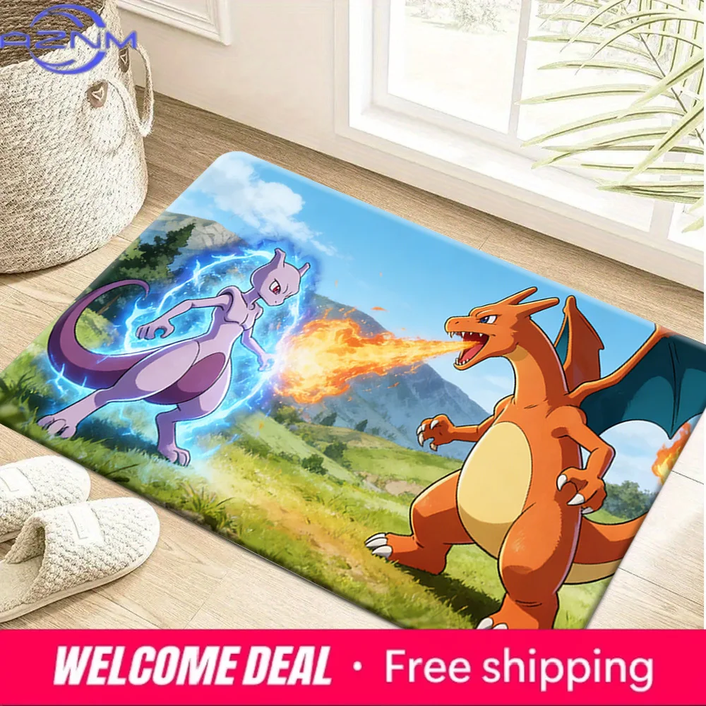 Charizard vs Mewtwo Epic Battle Print Non-slip Doormat, Soft Absorbent Floor Rug for Home Decor
