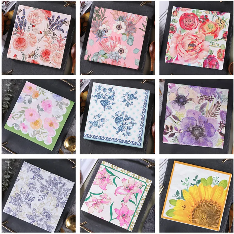 20pcs/pack Flower Printed Decoupage Disposable Napkin Paper Tissue Wedding Party Table Supplies Decoration