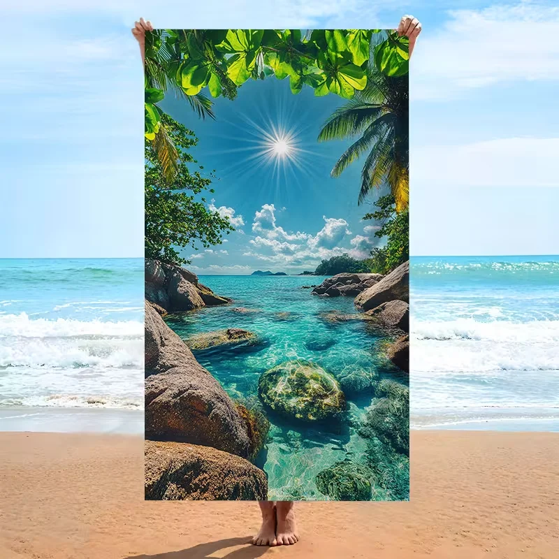 Tropical Island Scenery Beach Towel Ocean Palm Tree Print Quick Dry Absorbent Towel for Summer Swimming Pool Yoga Travel