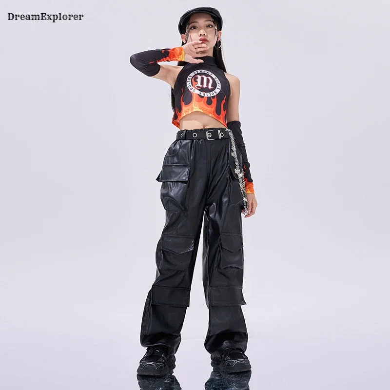 K-pop Girls Cool Crop Top Pu Leather Cargo Pants Kids Street Dance Girl Group Clothes Sets Children Teens Hip Hop Stage Costumes