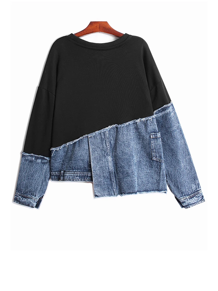 

Denim Irregular Casual Black Sweatshirt New Round Neck Long Sleeve Women Big Size Fashion Spring Autumn 2026 1DHTRAE
