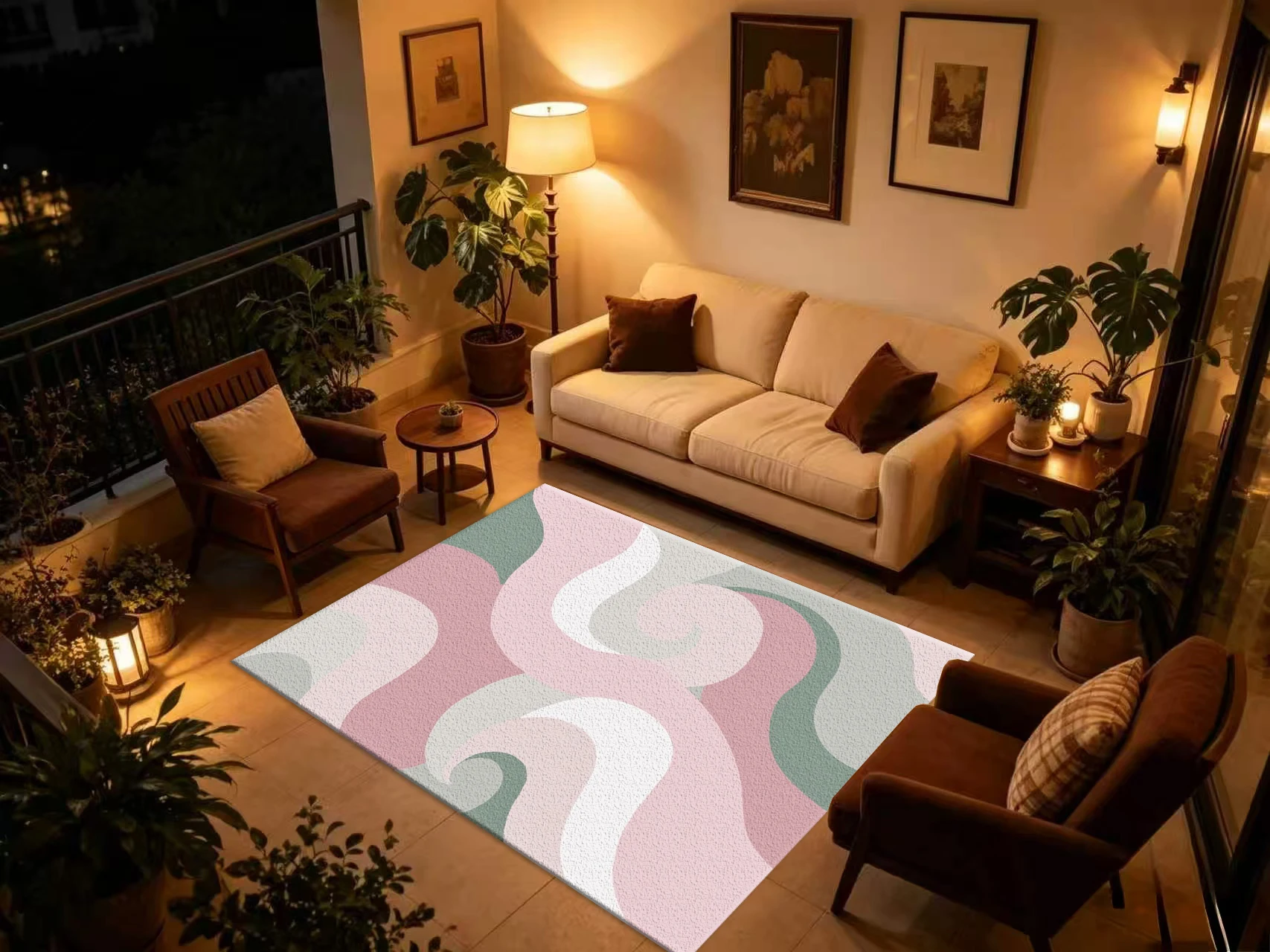 Printed Rug Abstract - พรมปูพื้นลายคลื่นสีชมพูอ่อนและเขียวเซจ พื้นผิวโค้งมน พิมพ์ลายสีพาสเทล รูปทรงสี่เหลี่ยม สำหรับตกแต่งภายในบ้าน