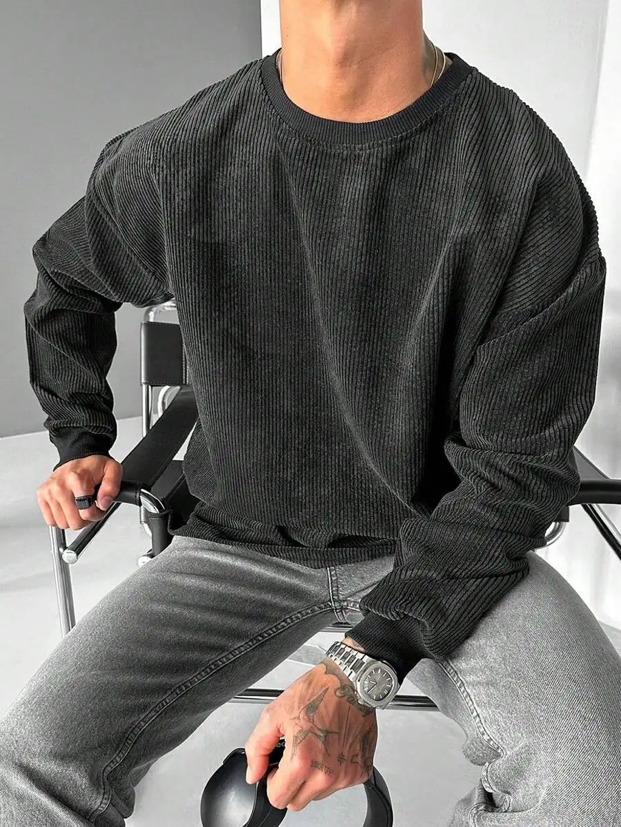 

Men's Oversized Ribbed Corduroy Sweatshirt, Long Sleeve Casual Top for Autumn Winter