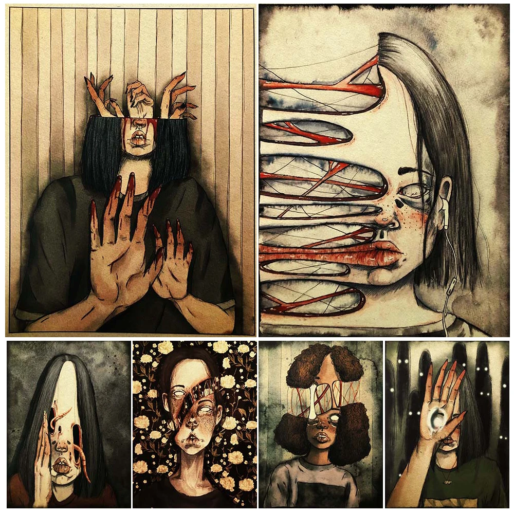 

Creepy Cracked Face Abstract Wall Art Vintage Canvas Painting Dark Goth Girl Horror Portrait Art Poster And Print Home Decor