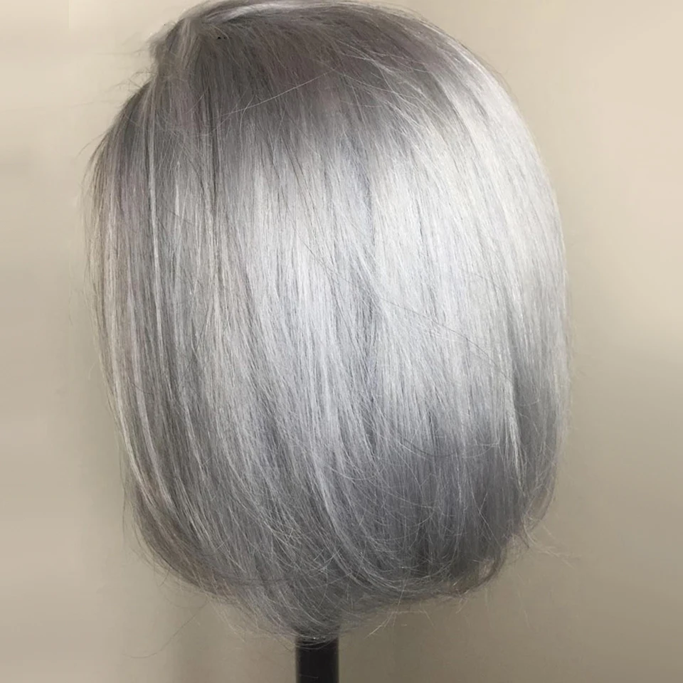 Short Bob Straight Soft 180% Density Ash Blonde Gray Lace Front Wig For Women Baby Hair Preplucked Glueless Natural Hairline