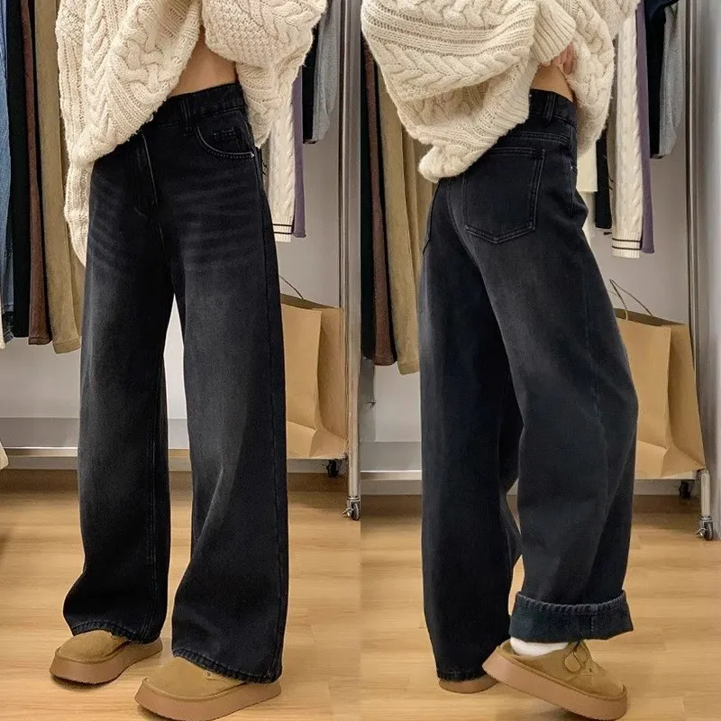 

Широкие джинсы больших размеров с высокой талией и подкладкой, женские свободные брюки прямого кроя с термопризом для грушевого тела