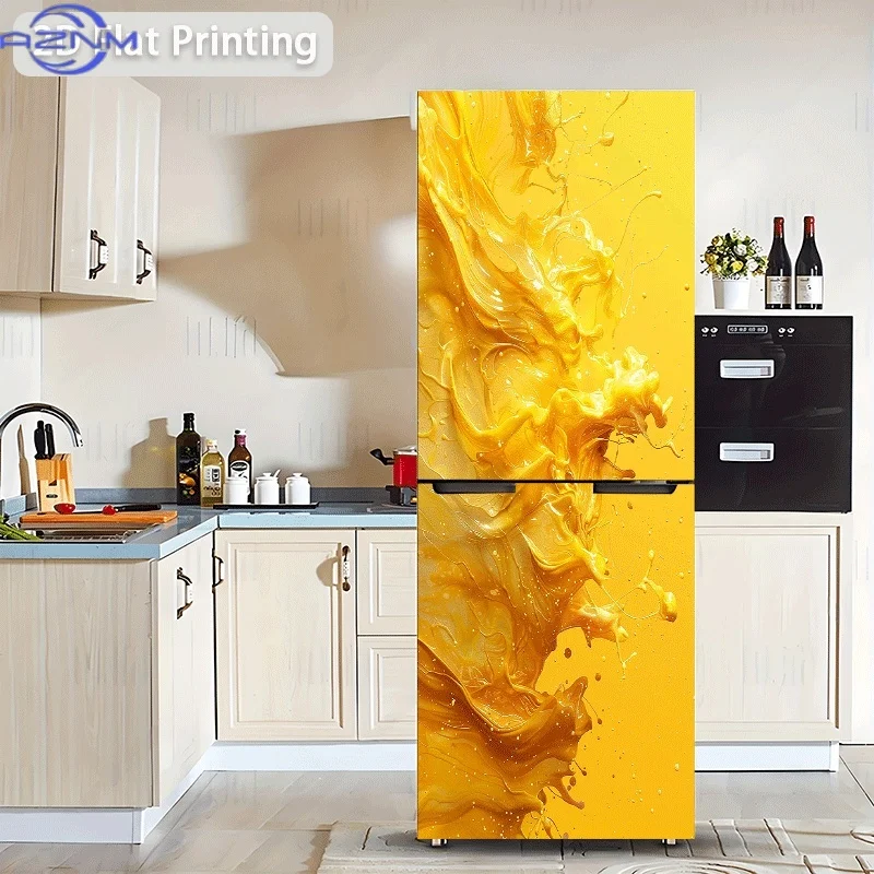 Design Refrigerator Sticker, 60x180cm Yellow Liquid Splash Pattern, Self-Adhesive Wall Decal for Cabinets and Wardrobes, Moder