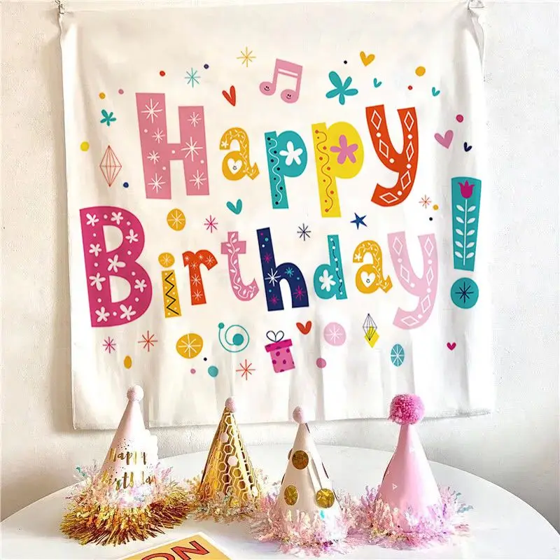 VIKAMA Bohemian Pattern Letter Birthday Tapestry, Happy Birthday Wall Hanging for Bedroom Living Room Dorm Decor