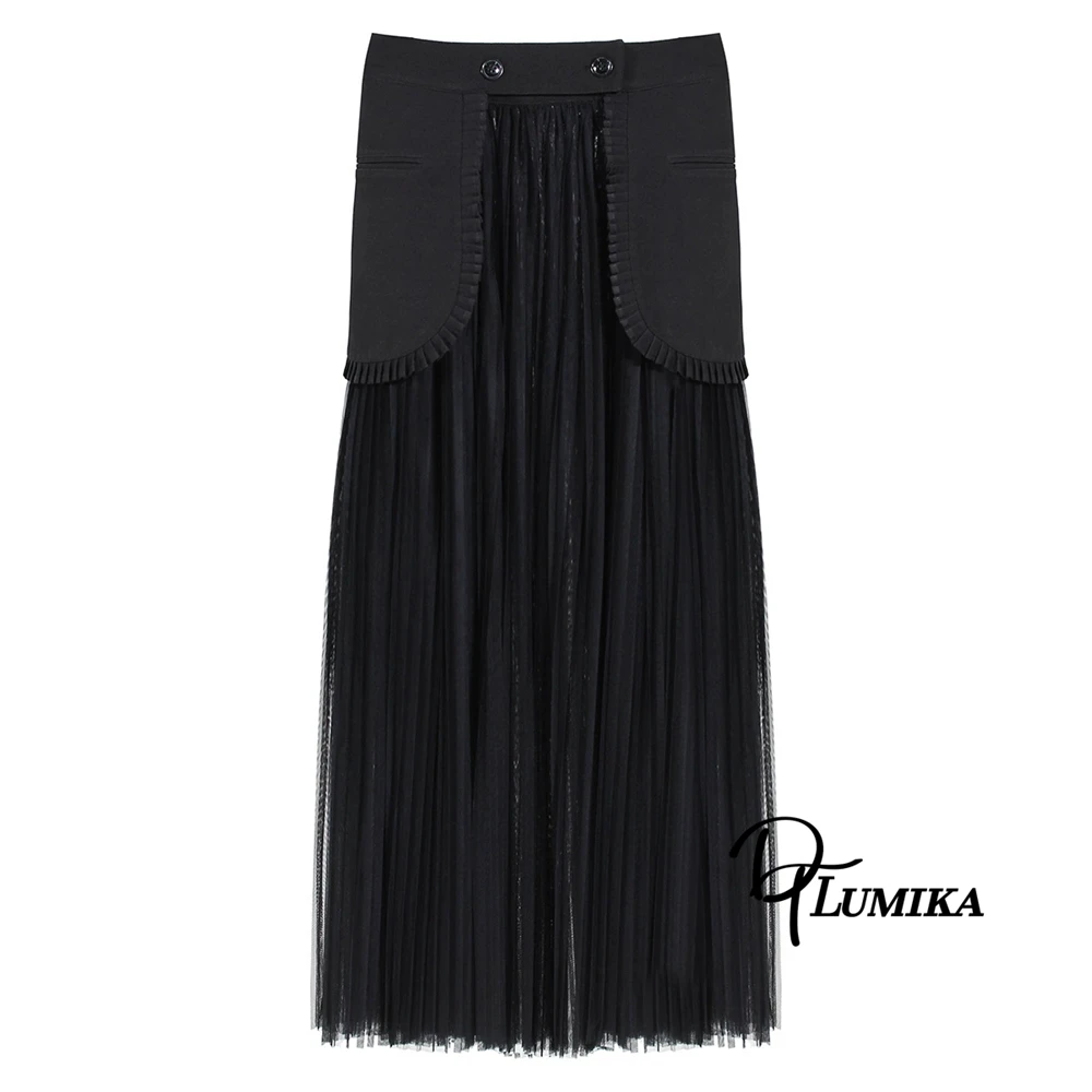 DTLumika Completo autunnale da donna 2 pezzi, giacca doppiopetto con gonna a pieghe Set abito da ufficio nero