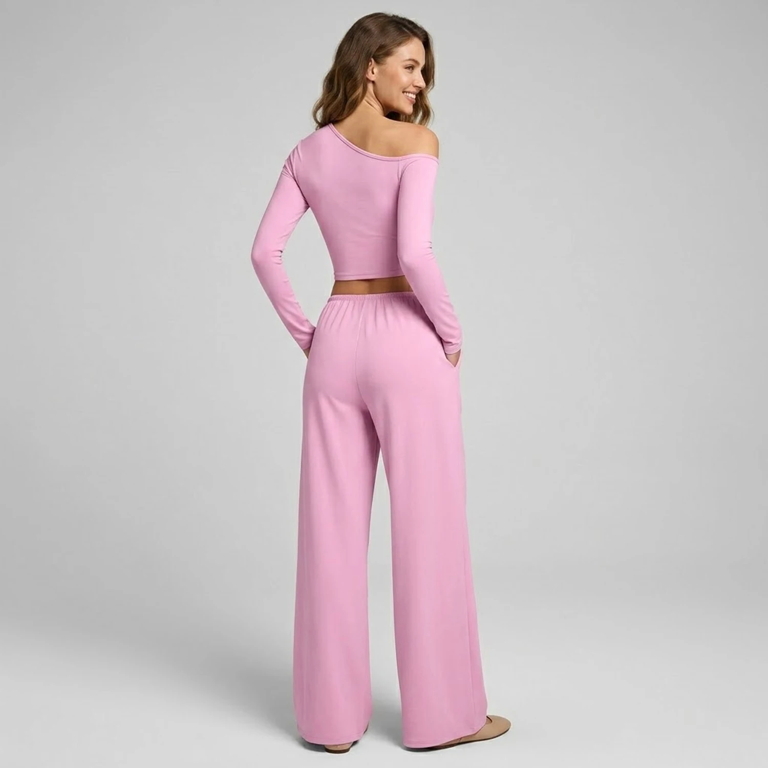 Oversized Neckline Long‑sleeve Blouse Drawcord Wide‑leg Trousers Two‑piece Outfit for Indoor Relax & Outdoor Casual Outings