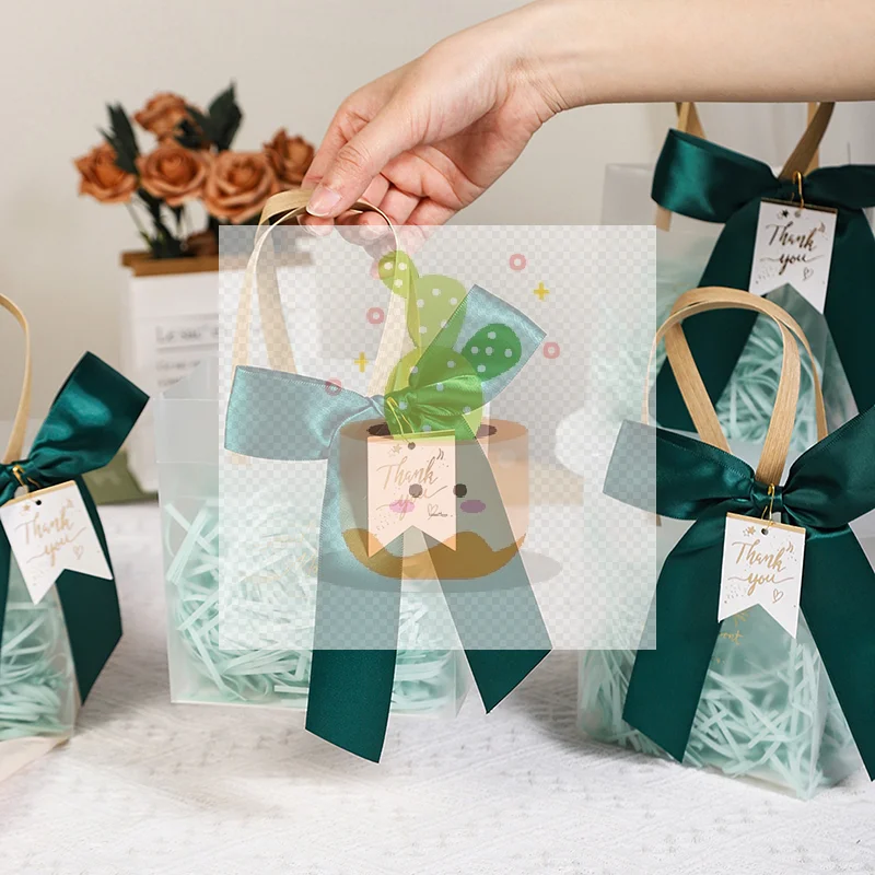 

10pcs Clear PVC Gift Bag With Pink Ribbon Plastic Tote Bag Gift Wrap Bag For Wrapping Holiday Gifts Shopping Birthday Supplies