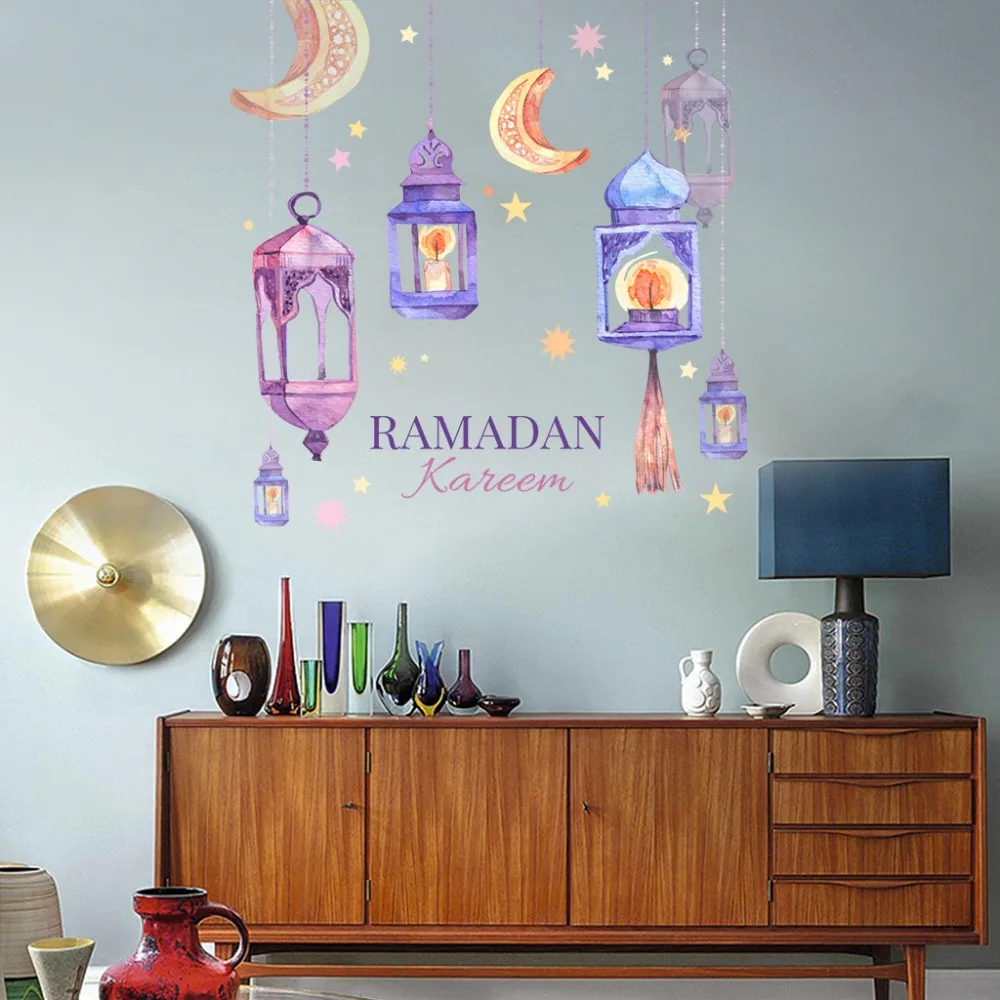 Colorful Ramadan Wall Stickers PVC Muslim Eid Mubarak Wall Stickers DIY Islamic Moon Star Lantern Wall Stickers Party Decor