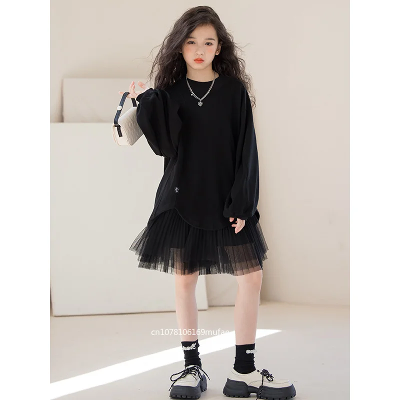 girls-dress-set-western-style-mesh-skirt-two-piece-set2026spring-and-autumn-style-irregular-sweatshirt-dress-for-older-children