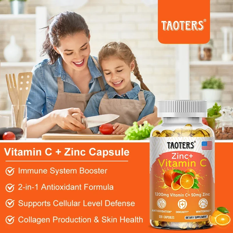 Taoters Vitamine C + Zinksupplement-Hoge Absorptie-Immuunsysteem, Huidgezondheidsvitaminen-Antioxidant Supplement