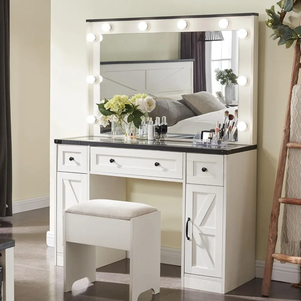 Farmhouse Vanity Desk with Hollywood Makeup Mirror - Ample Storage Space with 3 Drawers & 2 Cabinets - Detachable Light Bulbs