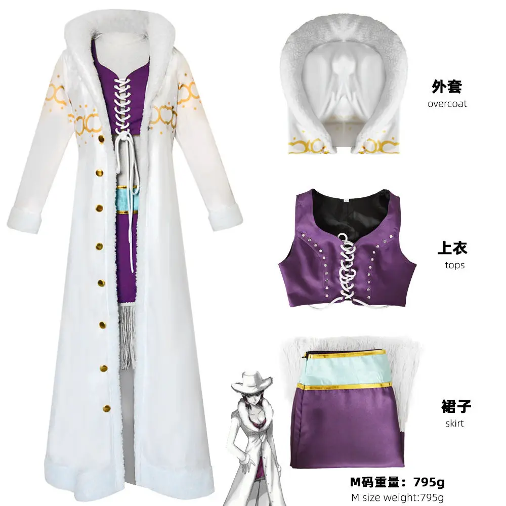 Nico Robin Cosplay Costume Anime One Piece Purple Dress Uniform Long Fur Collar White Cloak Punk Outfit Halloween for Adult