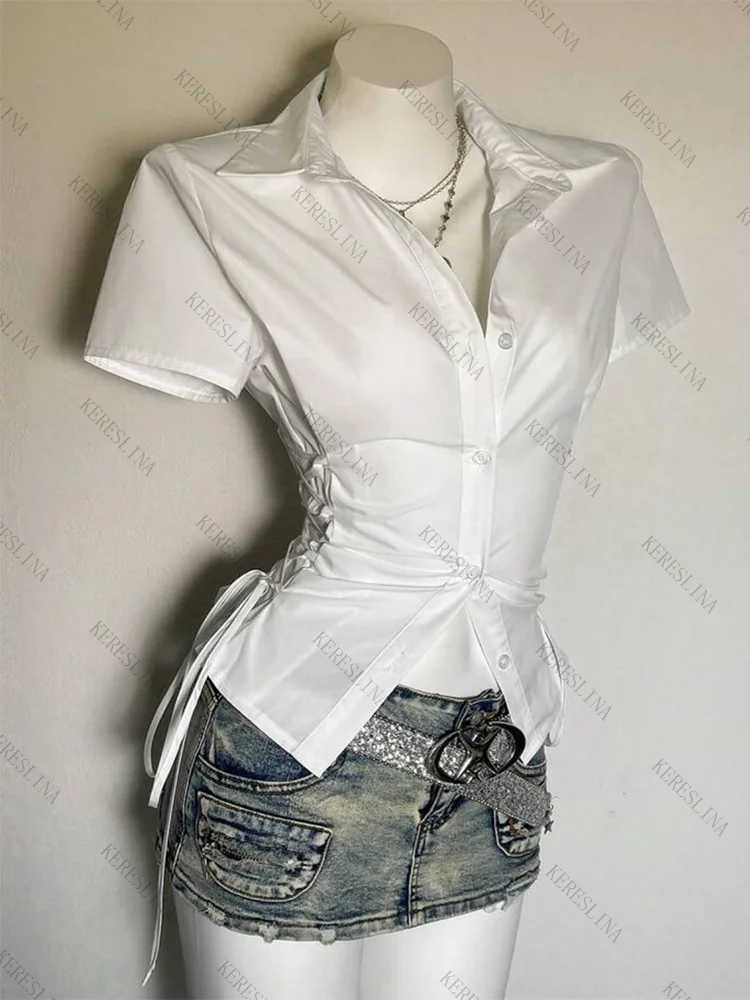Solid-color women's crop tops Y2K streetwear hip-hop chic vintage cute tie-wrapped 2000S Aesthetics Slim new women's shirt tops