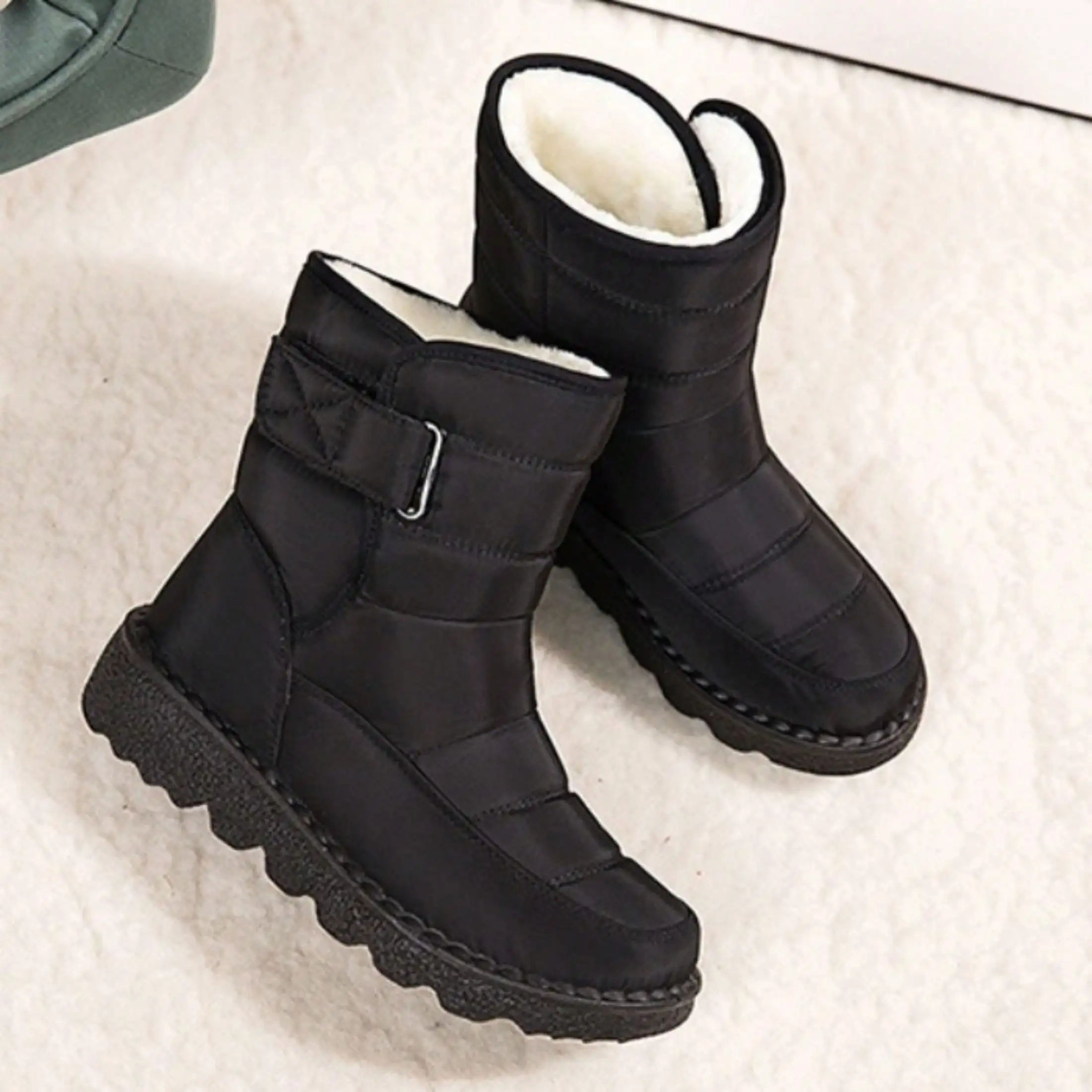 Winter Warm Walking Footwear For Women Waterproof Puffy Nylon Hook And Loop Adjustable Strap Fleece Fuzzy Lined Ankle Snow Boots Memory Foam Shoes