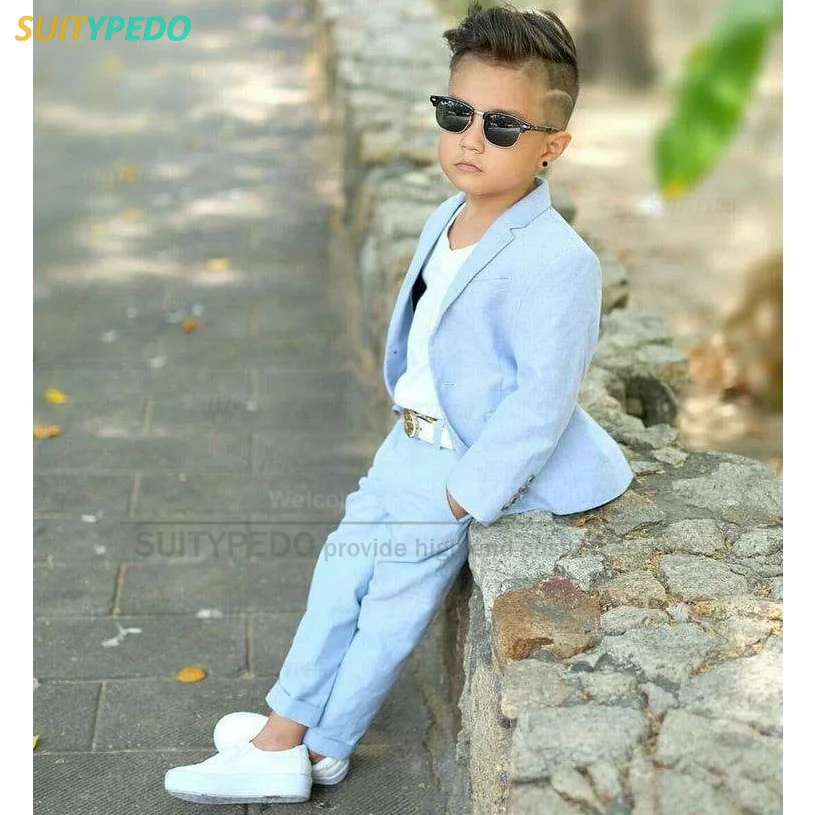 

Sky Blue Kids Boys Blazer Pants Two Pieces Set Children Baptism Wedding Prom Suit Baby Boy Elegant Dress Teenager Party Costume