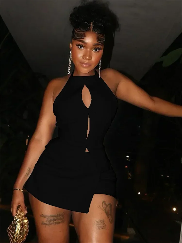 

Женская летняя темпераментная однотонная полая плиссированная сумка, полуюбка на бедрах, комплект из двух предметов, элегантный модный женский наряд