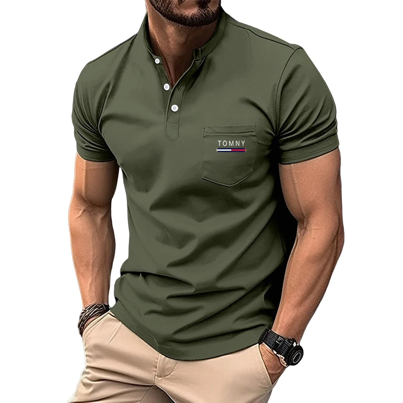 Simple Men's Solid Color Stand Up Collar Button Pocket Short Sleeved POIO Shirt Casual Top Loose and Breathable T-shirt