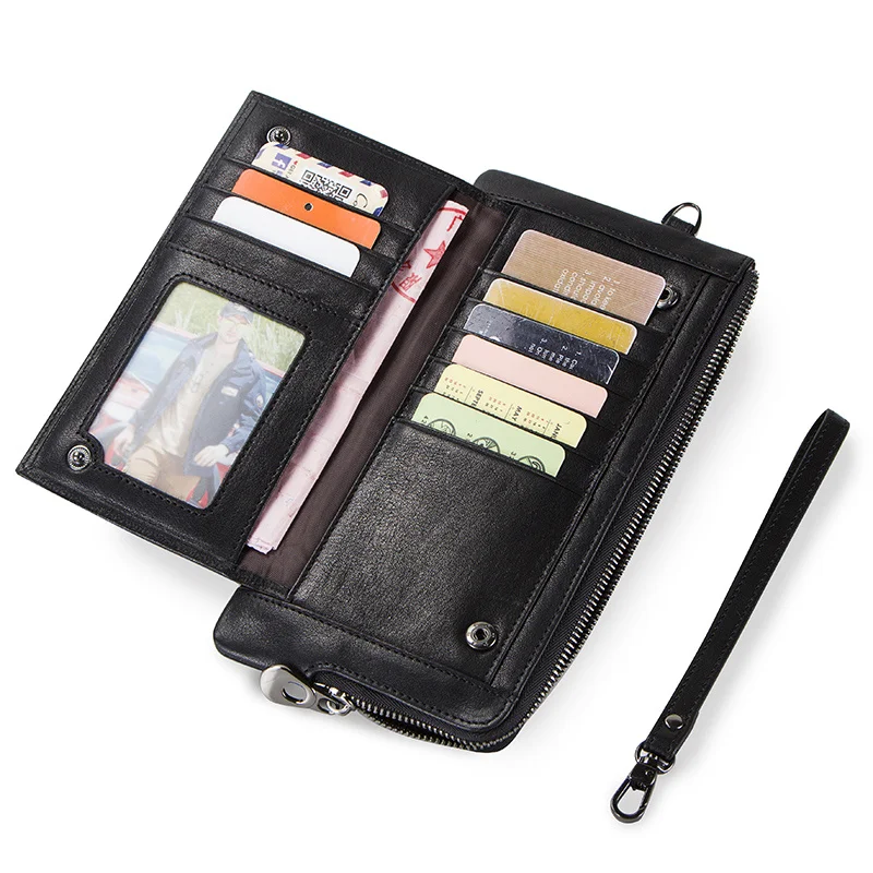 Clutch Wallet for Men Genuine Leather RFID Zip Purse Phone Card Holders Long Male Walet Hasp Coin Pocket Men's Cuzdan