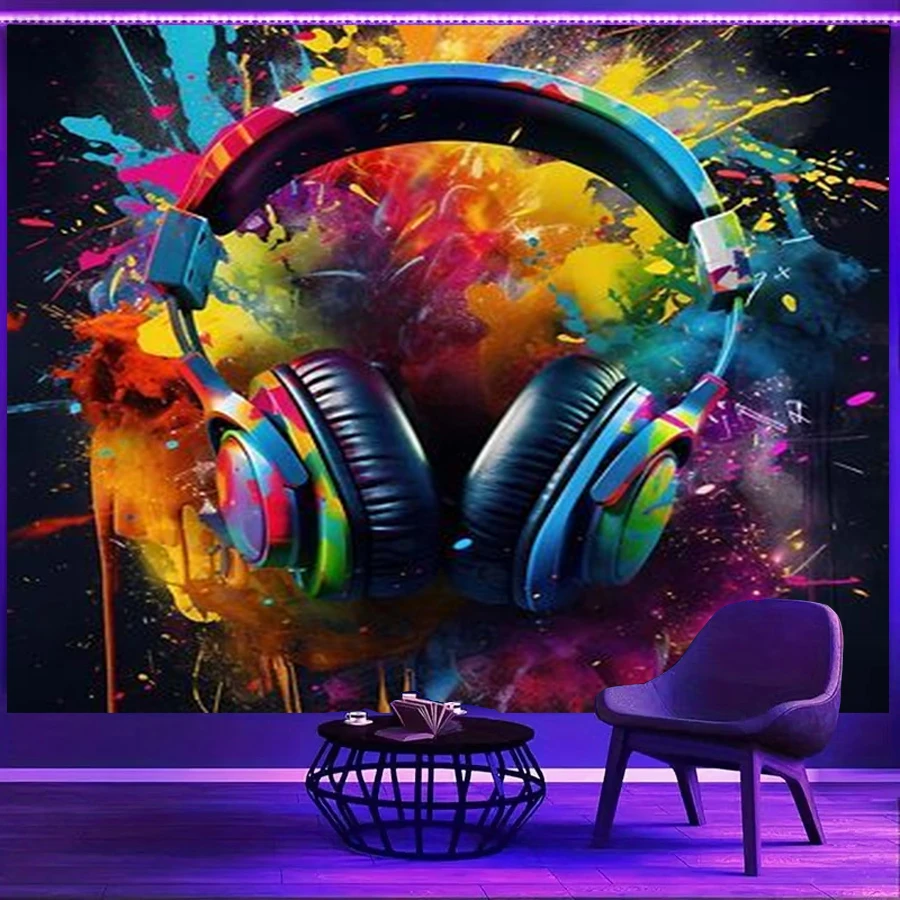 1PC Colorful Headphone Art Print Backdrop Banner, Bedroom Living Room Photo Background, Polyester, Home Decor, Wall Art