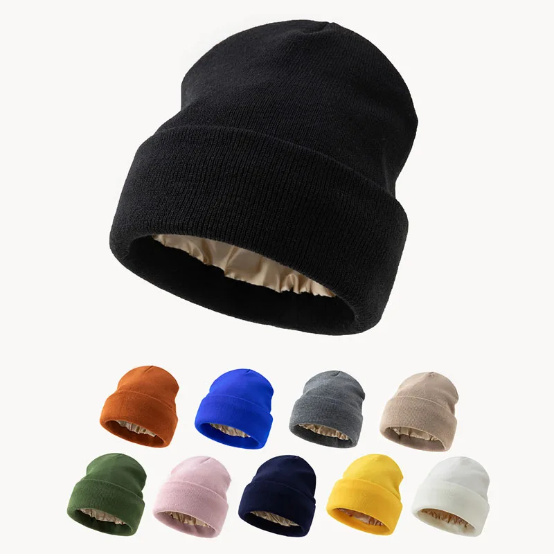 Unisex Solid Beanies Cap Satin Lined Slouchy Warm Cuffed Knitted Hat Winter Windproof Anti-Cold Hats