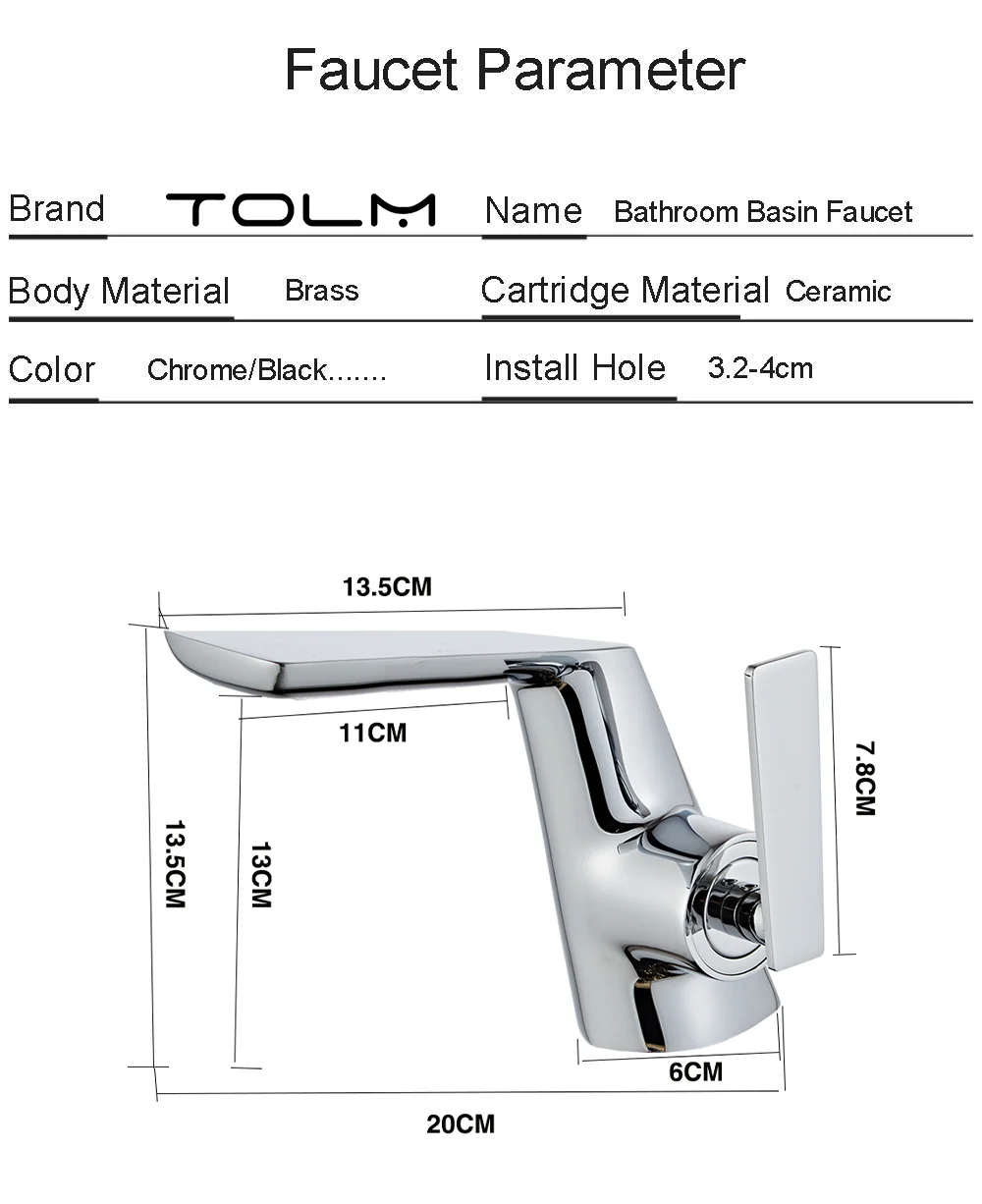 TOLM Chrome Bathroom Deck Mounted Waterfall Basin Faucet Hot Cold Water Sink Mixer Taps Black gold Lavatory Single Hole Crane