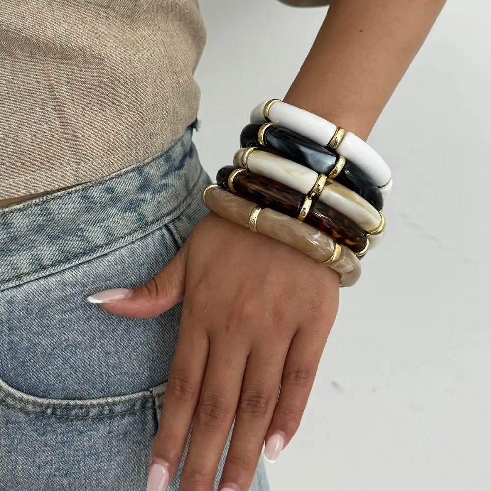 Vintage Acrylic Acrylic Bracelets Splicing Bamboo Wristband Curved Tube Bangle Color Blocking Leopard Print Boho Bracelets Women