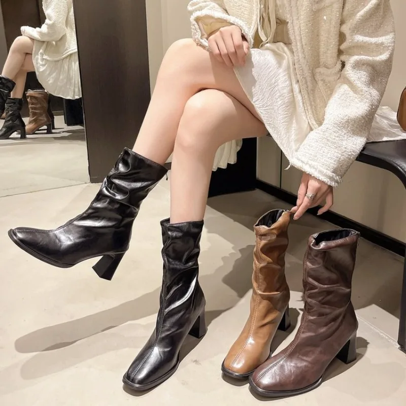 

Plus Size Women's Boots High Heel Wide Fit Short Boots for Big Feet Autumn Winter Fashion Thick Leg Boots Rubber Material