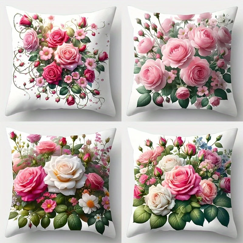 Juego  4 piezas, Fundas  Almohada Decorativas con Tema Floral  Rosas, Disponibles en Tamaños Incluyendo 45.72x45.72 cm, Im