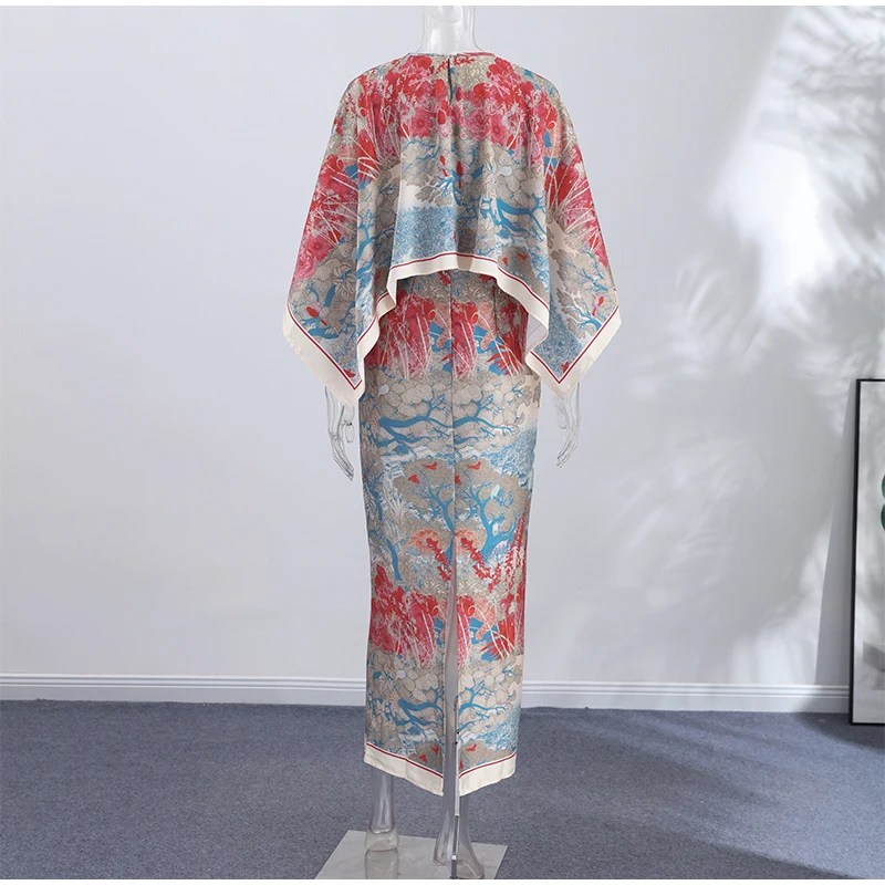 Women Tropical Leaf Print Cape Two Piece Set Batwing Loose Top High Waist Maxi Dress 2026 Summer Fashion Vacation Casual Suit
