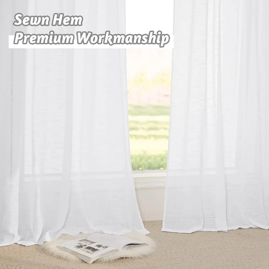 ستائر بيضاء شفافة ذات نسيج كتان لنوافذ غرفة النوم: ألواح تصفية خفيفة شبه شفافة مع جيب قضيب وعلامة تبويب خلفية #6