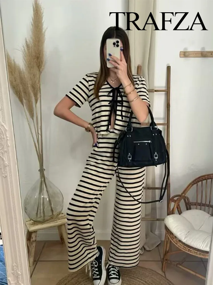 

TRAFZA Women Street Fashion 2 Piece Set Striped Knit Lace Up Bow Short Sleeve Tops Woman Summer Casual Elastic Waist Pants Suit