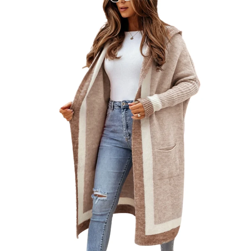 Fashion Color Contrast Knitted Cardigan Hooded Sweater Splice Double Pockets Long Jumpers Female Casual Loose Knitwear Outerwear