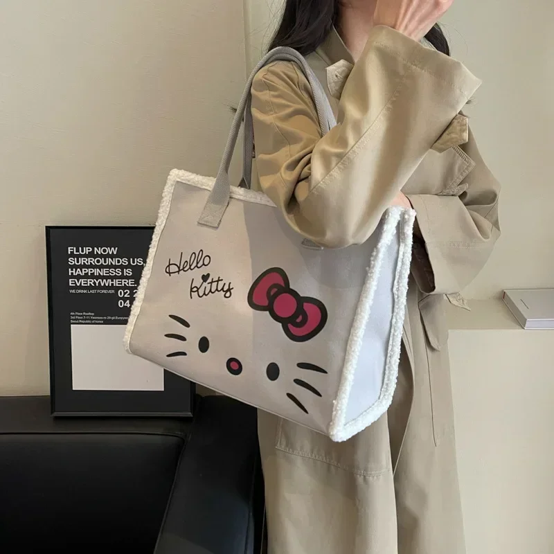 Sanrio canves hello kitty shoulder bag women's new autumn cartoon handbag shopping storage bag color contrast mommy tote bag