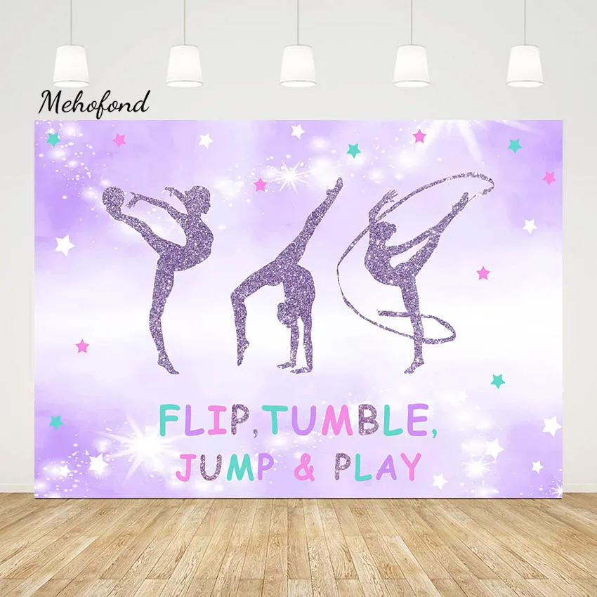 

Mehofond Gymnastics Birthday Party Backdrop for Girl Gymnasts Tumble Flip Jump and Play Stage Decor Photography Background Props