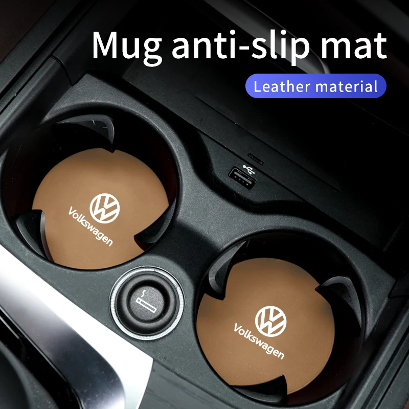 2pcs Car Leather Water Coaster Anti-slip Mats Bottle Cup Holder For Volkswagen VW Tiguan CC Jetta Polo Golf Passat T-ROC Touareg