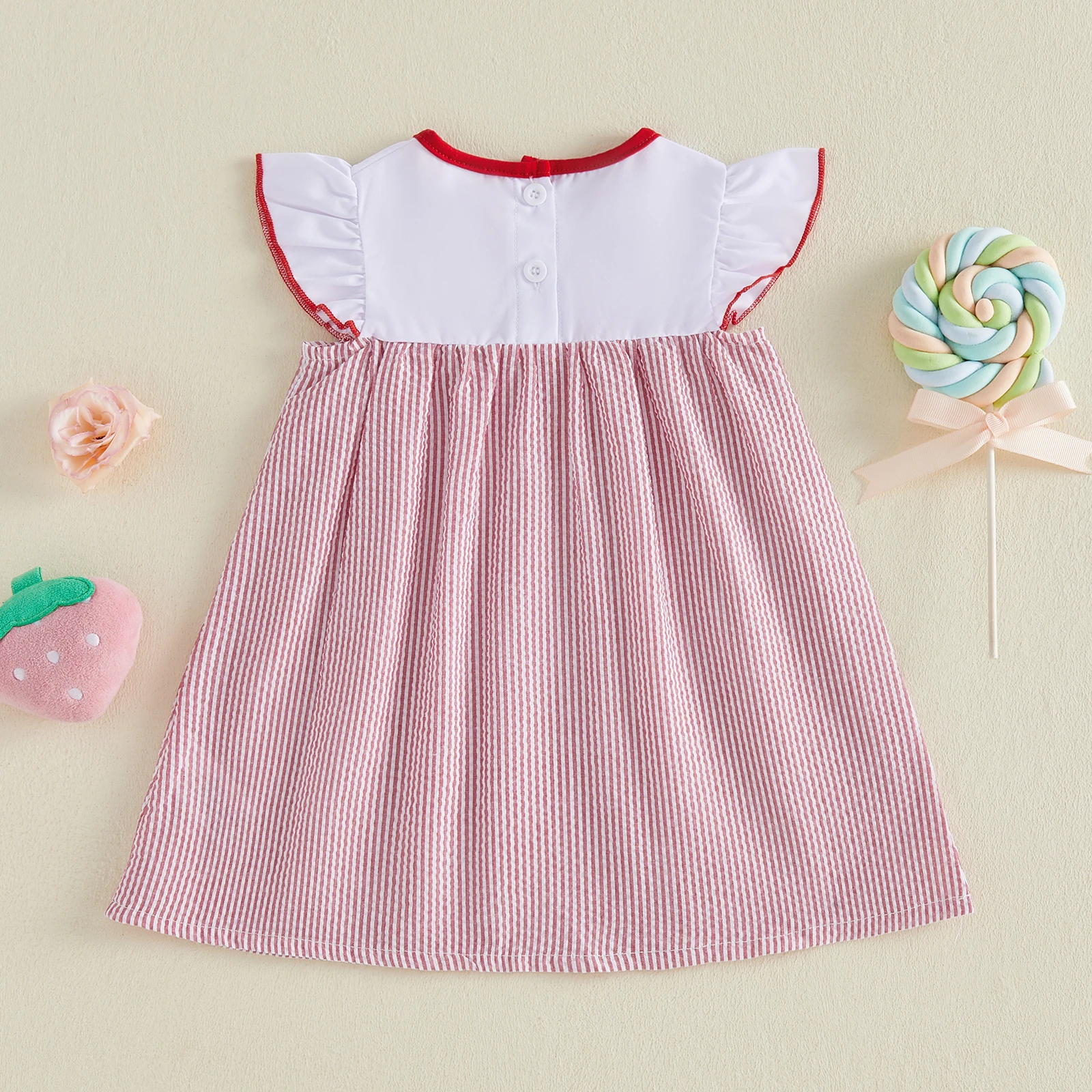 Toddler Girls Striped Dress Casual Strawberry Embroidery Flutter Sleeves A-Line Dress for Beach Party Cute Clothes