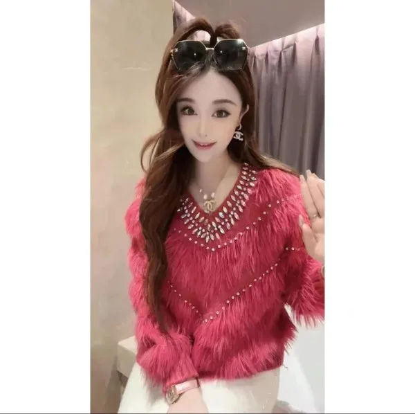 Neploe Personalized Diamonds Heavy Fur Women Clothing Patchwork All-match Y2K Tassels Sweaters Korea Chic Streetwear Pullovers