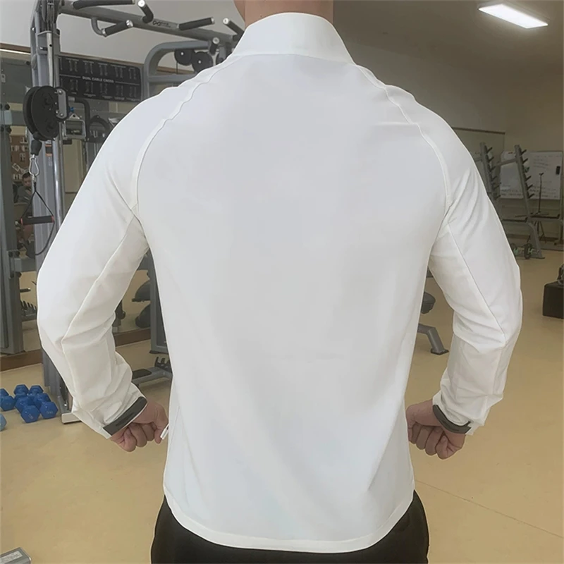 Men\'s Running Sport Jackets Quick Dry Stand Collar Long Sleeve Jacket with Zip Pockets Workout Training Coats For Man White Coat