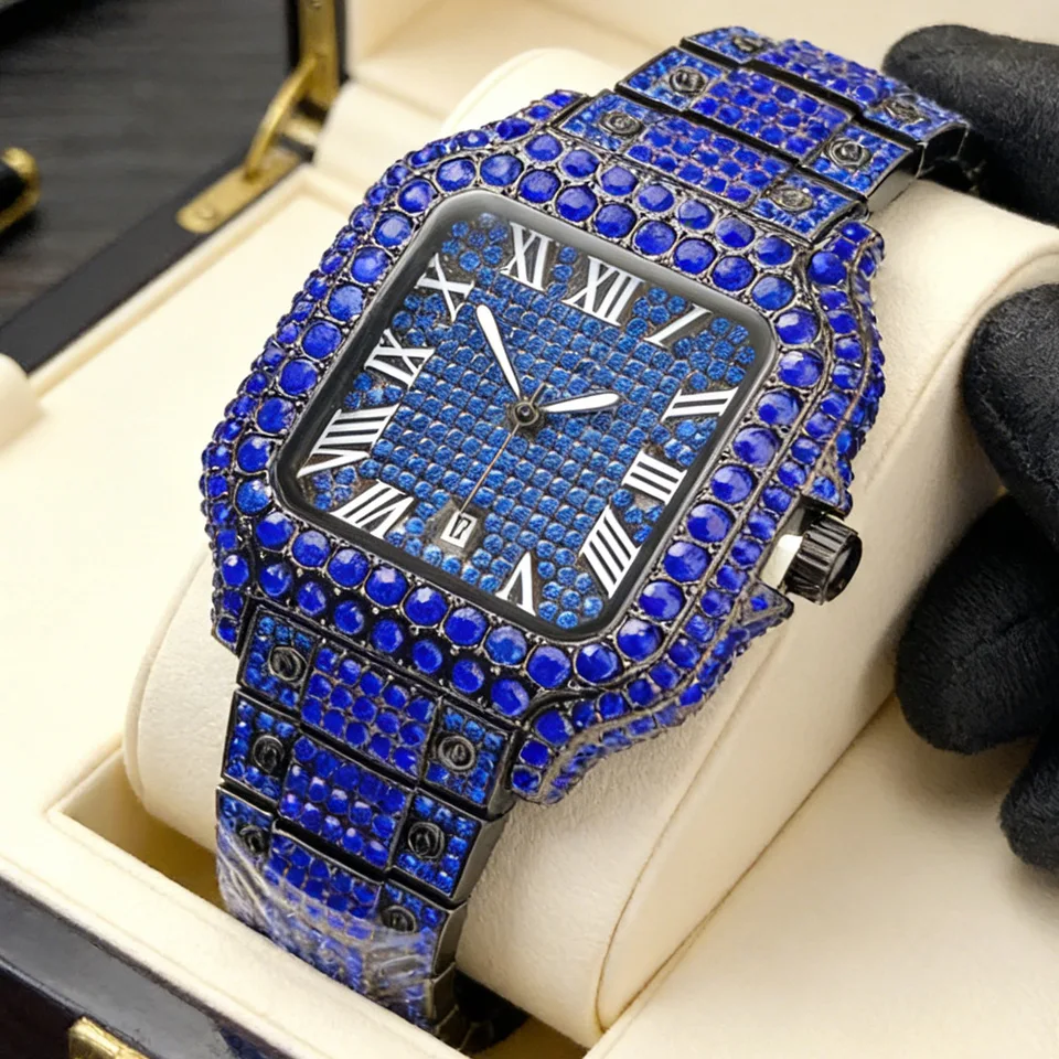 Classic Blue Black Iced Out Quartz Watch Men Full Diamond Watch