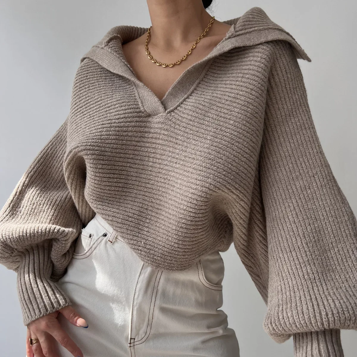 Women Knit Sweaters Turn Down Collar Full Sleeve Splice Pullovers Jumpers Straight Thick Sweater Knitted Ladies Autumn 2023