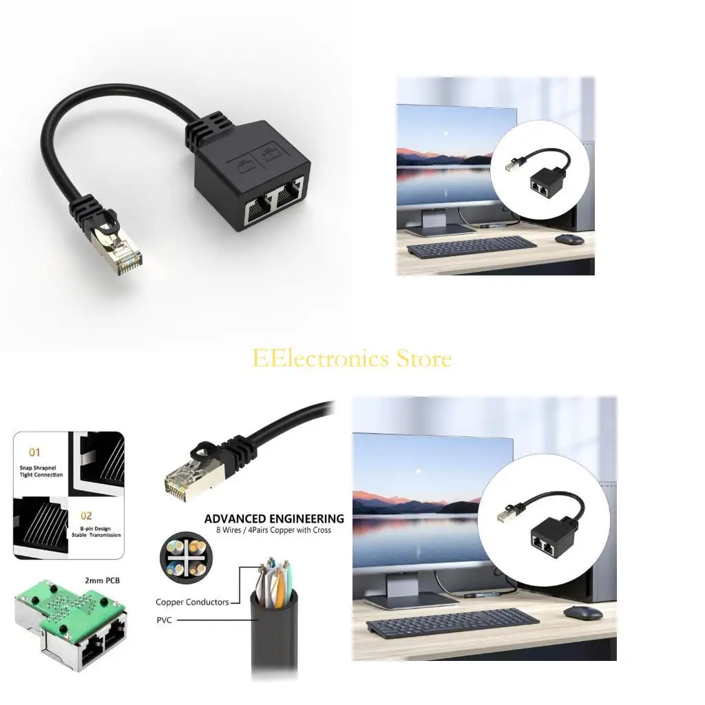 B03C RJ45 Ethernet Splitter 1 to 2, 1000Mbps Ethernet Switches 2 Port RJ45 LAN Fast Speed Networking Splitter Adapter