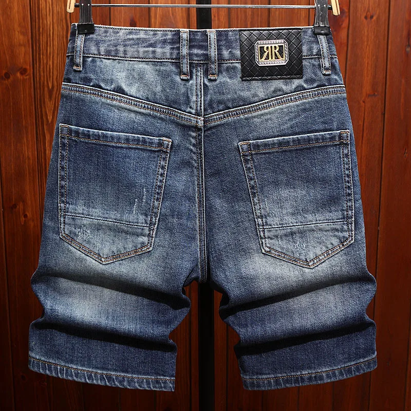 High end summer denim shorts men's ripped patch embroidered flower slim straight leg street five quarter pants