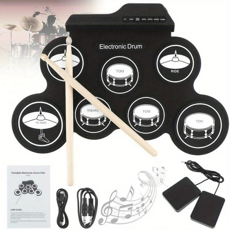 

2025 New Folding Silicone Hand Roll USB Electronic Drum Portable Practice Drums Pad Kit with Drumsticks Sustain Pedal No Battery