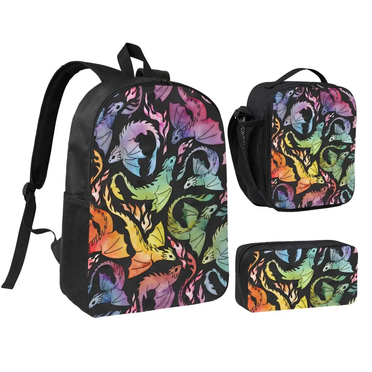 

Dragon Fire Dark Rainb Backpack Student Boys Girls BookBag School Bag Computer Shoulder Bags 3ps Insulated Lunch Bag Pencil Case