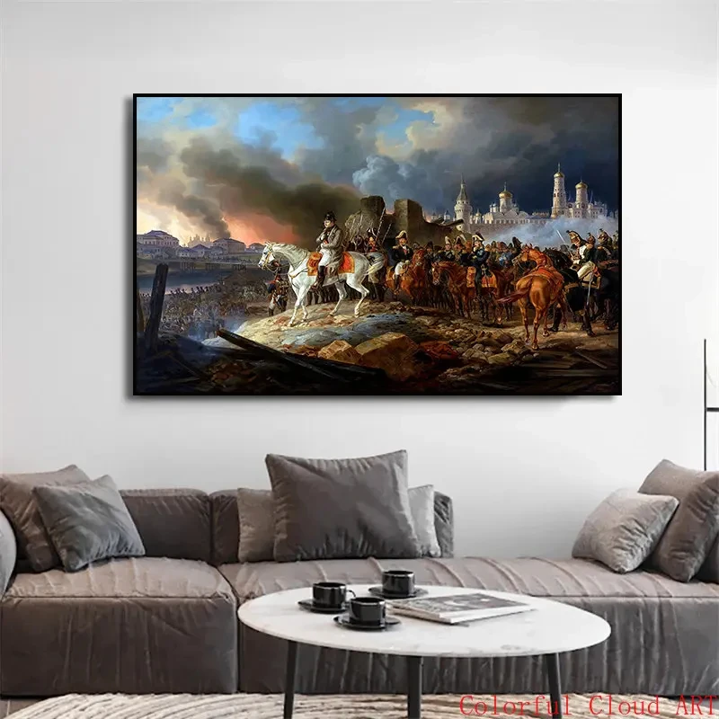 Large-sized frameless canvas paintings,Classial Artwork Napoleon in Burning Moscow Painting Canvas Print HD Print for Living Roo